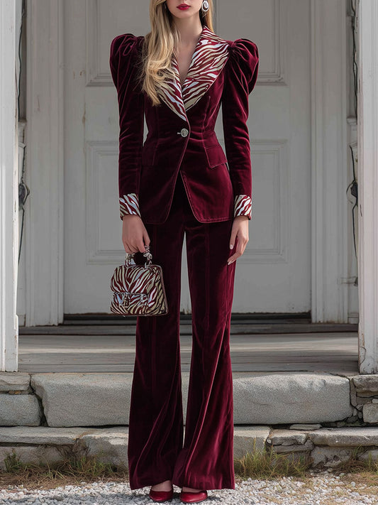 Vintage Zebra Print Lapel Red Velvet Set