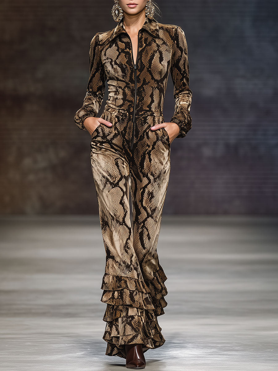 Casual Retro Ruffled Snakeskin Brown Velvet Long-sleeved Jumpsuit
