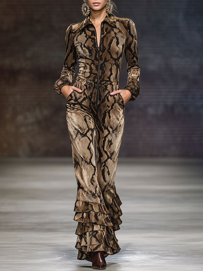 Casual Retro Ruffled Snakeskin Brown Velvet Long-sleeved Jumpsuit