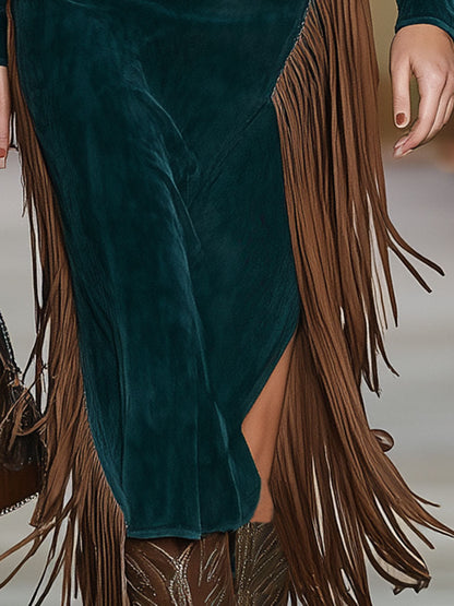 Western Green Faux Suede One-Shoulder Slit Patchwork Tassel Midi Dress