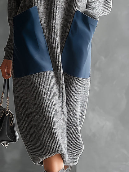 Casual Retro Blue Faux Leather Large Pocket Gray Knit Midi Dress