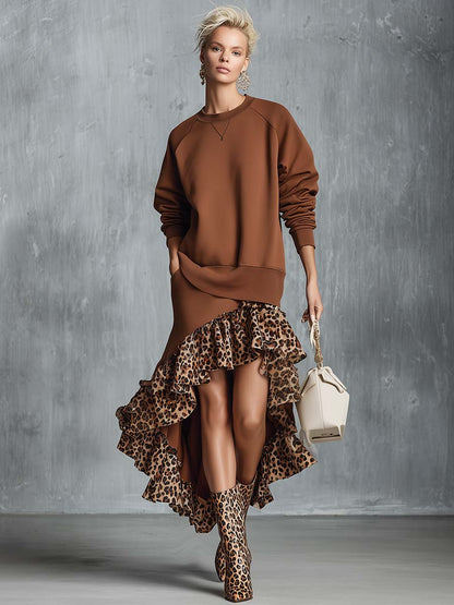 Temperament Sporty Crew Neck Leopard Print High And Low Ruffled Hem Hoodie-style Cotton Maxi Dress