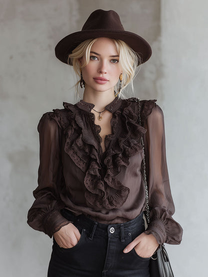 Stylish Brown Ruffled Chiffon Long-Sleeved Shirt