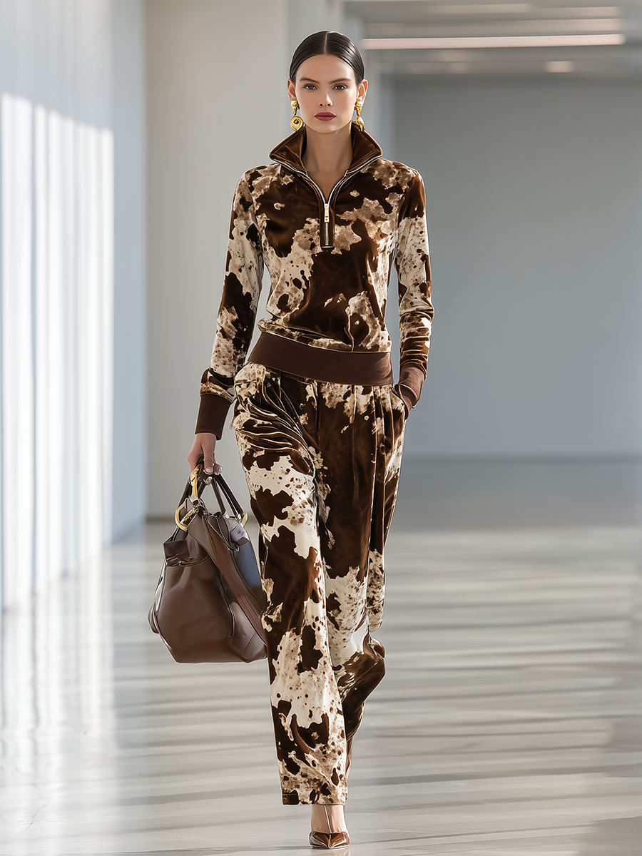 Stylish Retro Cow Print Velvet Top And Wide-leg Pants Set