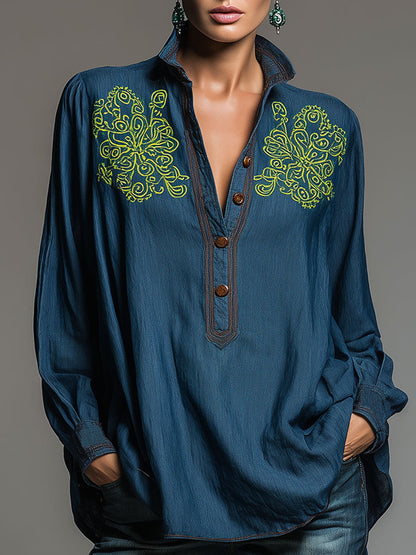 Western Retro Embroidered Blue Denim Shirt