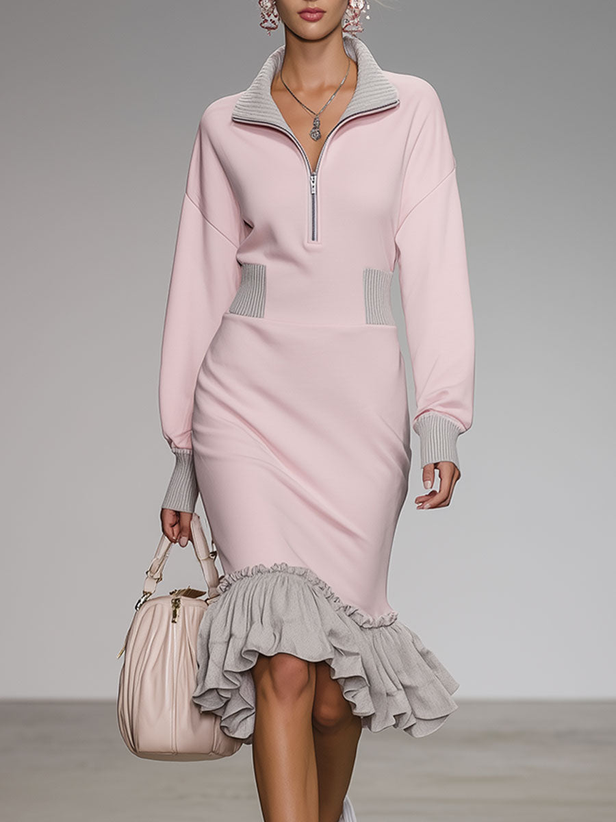 Stylish And Casual Grey Ruffled Pink Cotton Midi Dress
