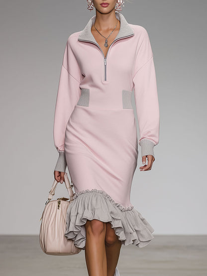 Stylish And Casual Grey Ruffled Pink Cotton Midi Dress