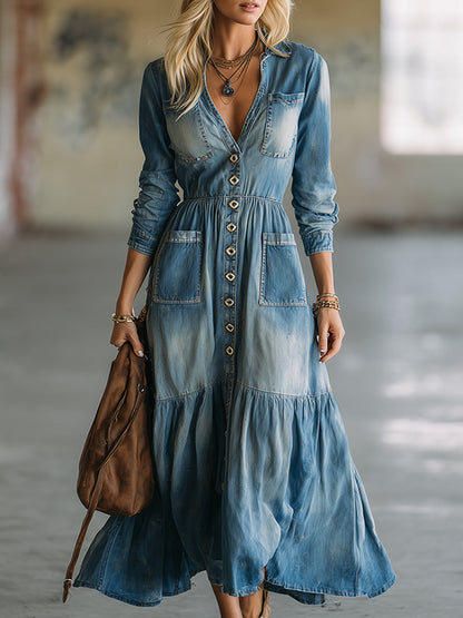Stylish And Unique Distressed Blue Denim Button-down Maxi Dress