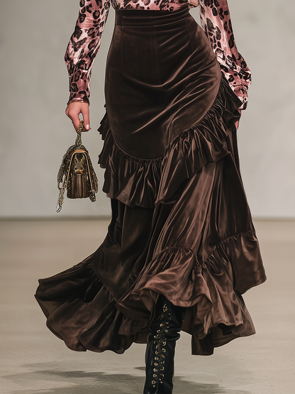 Vintage Leopard Print Stand-up Collar Velvet T-shirt And Ruffled Skirt Set