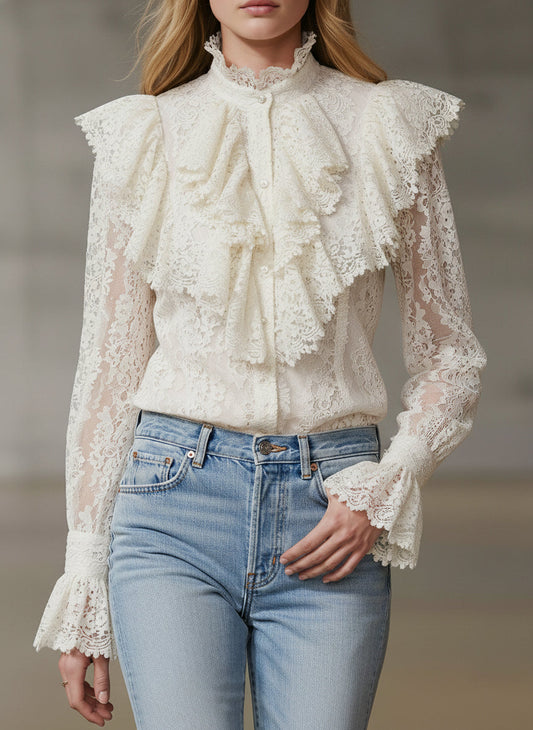 Stylish White Lace Ruffled Button Blouse