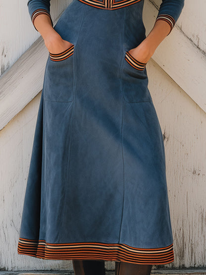 Western Retro Web Trim V-Neck Zipper Blue Faux Suede Long Sleeve Midi Dress