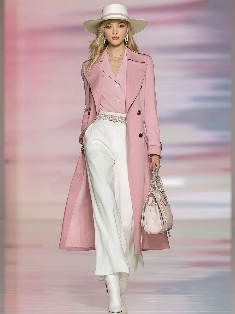 Stylish And Elegant Pink Double-breasted Long Trench Coat