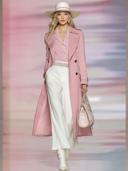 Stylish And Elegant Pink Double-breasted Long Trench Coat