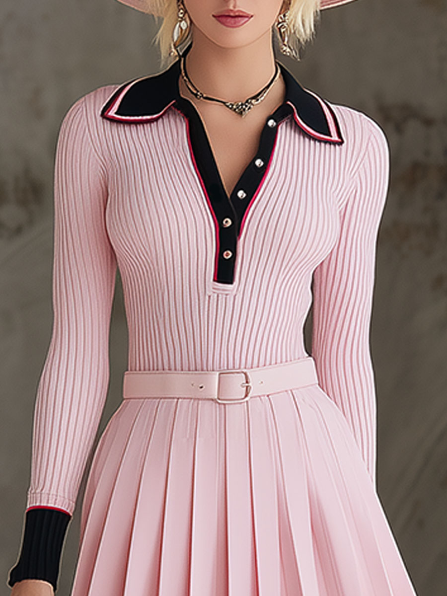 Sporty Retro Black Color-blocked Pink Knit Sweater And Pleated Skirt Set