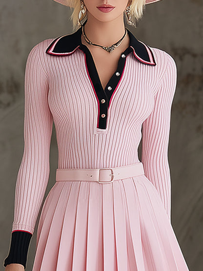 Sporty Retro Black Color-blocked Pink Knit Sweater And Pleated Skirt Set