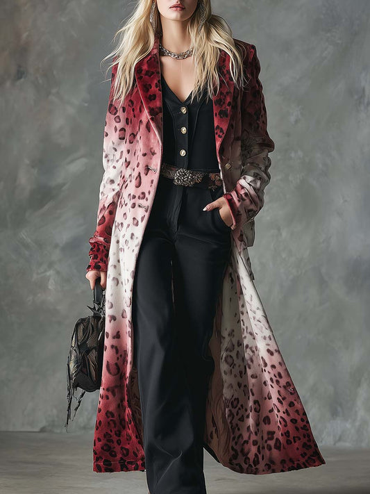 Vintage Western Peak Lapel Front Button Red Leopard Print Gradient Velvet Coat