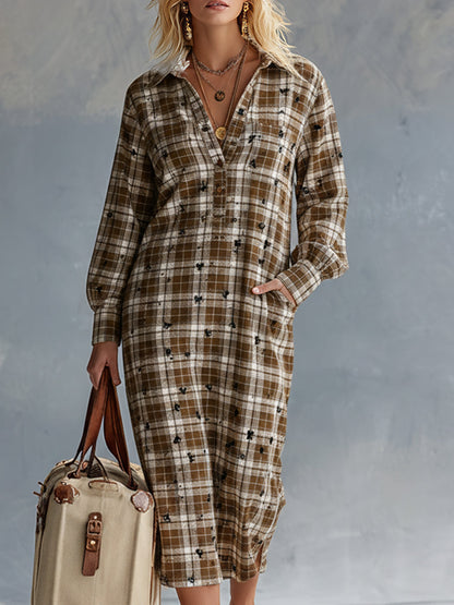 Stylish And Casual Brown Plaid Midi Dress