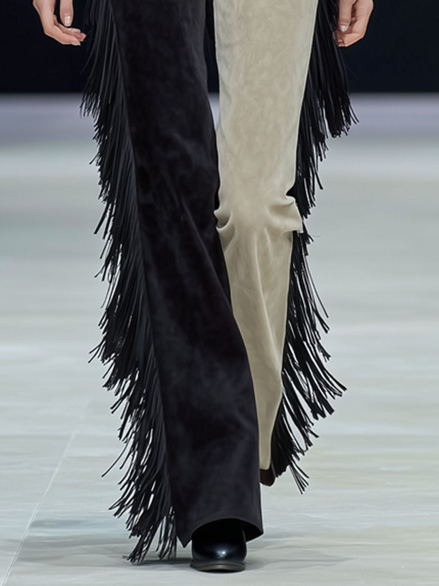 Western Retro-style Fringed Color-blocked Faux Suede Pants