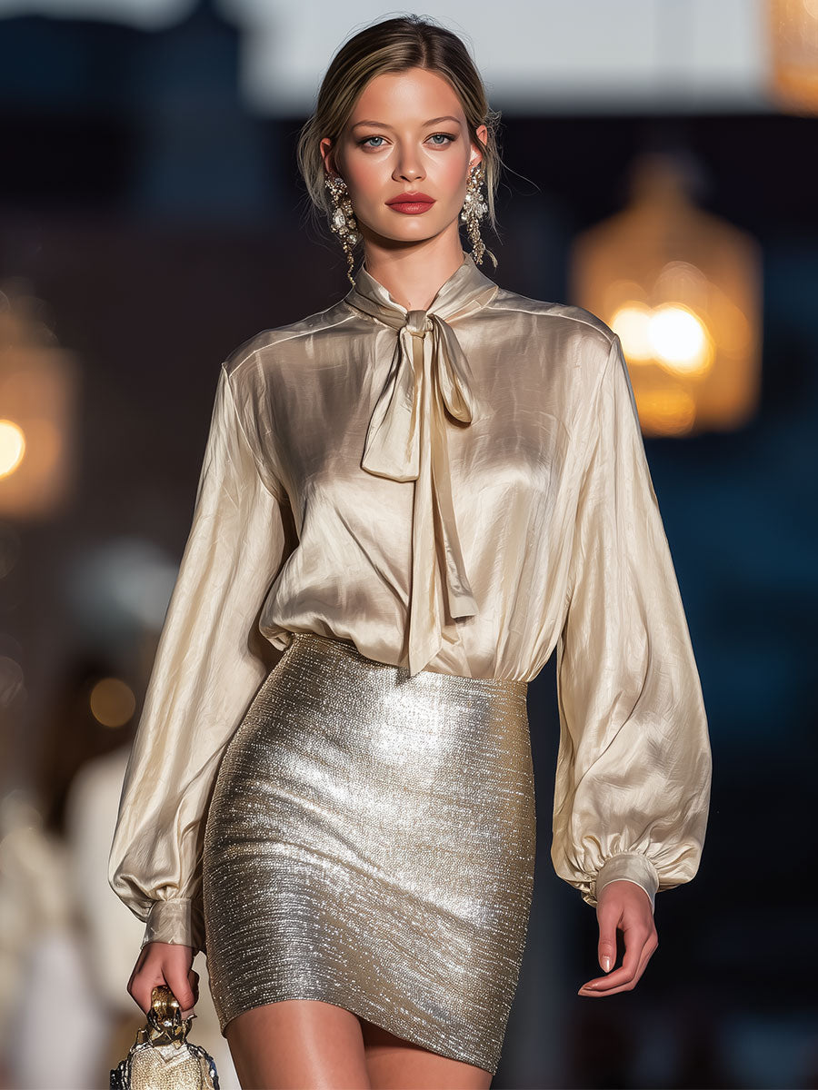 Stylish And Elegant Champagne-colored Shirt And Silver Shimmering Skirt Set