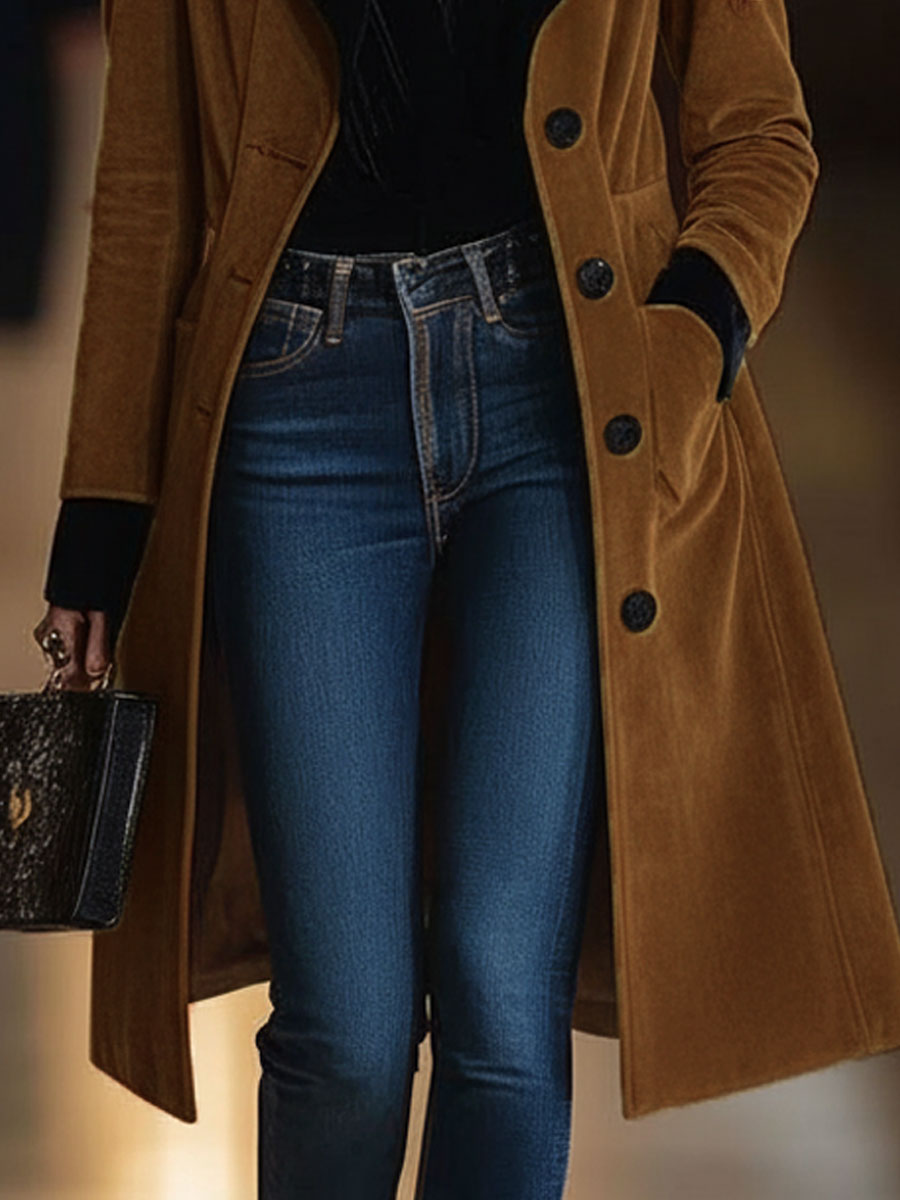 Casual Loose Vintage Caramel Suede Black Lapel Single Breasted Coat