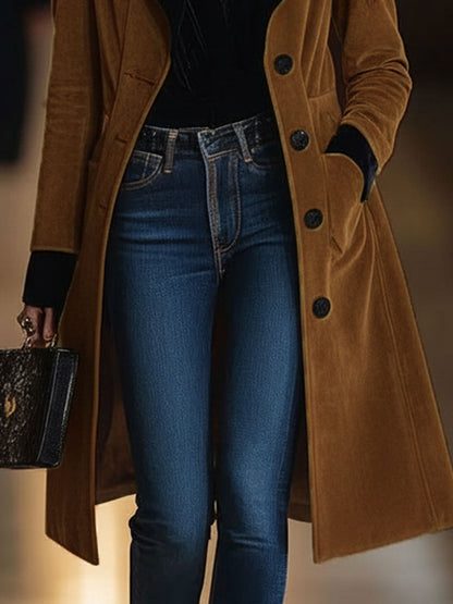 Casual Loose Vintage Caramel Suede Black Lapel Single Breasted Coat