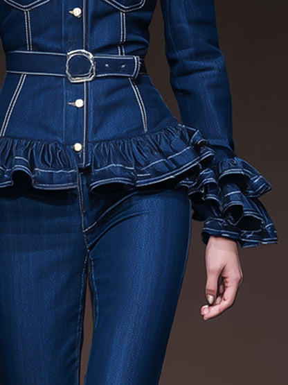 Stylish Retro-style Lace-up Ruffled Dark Blue Denim Jacket