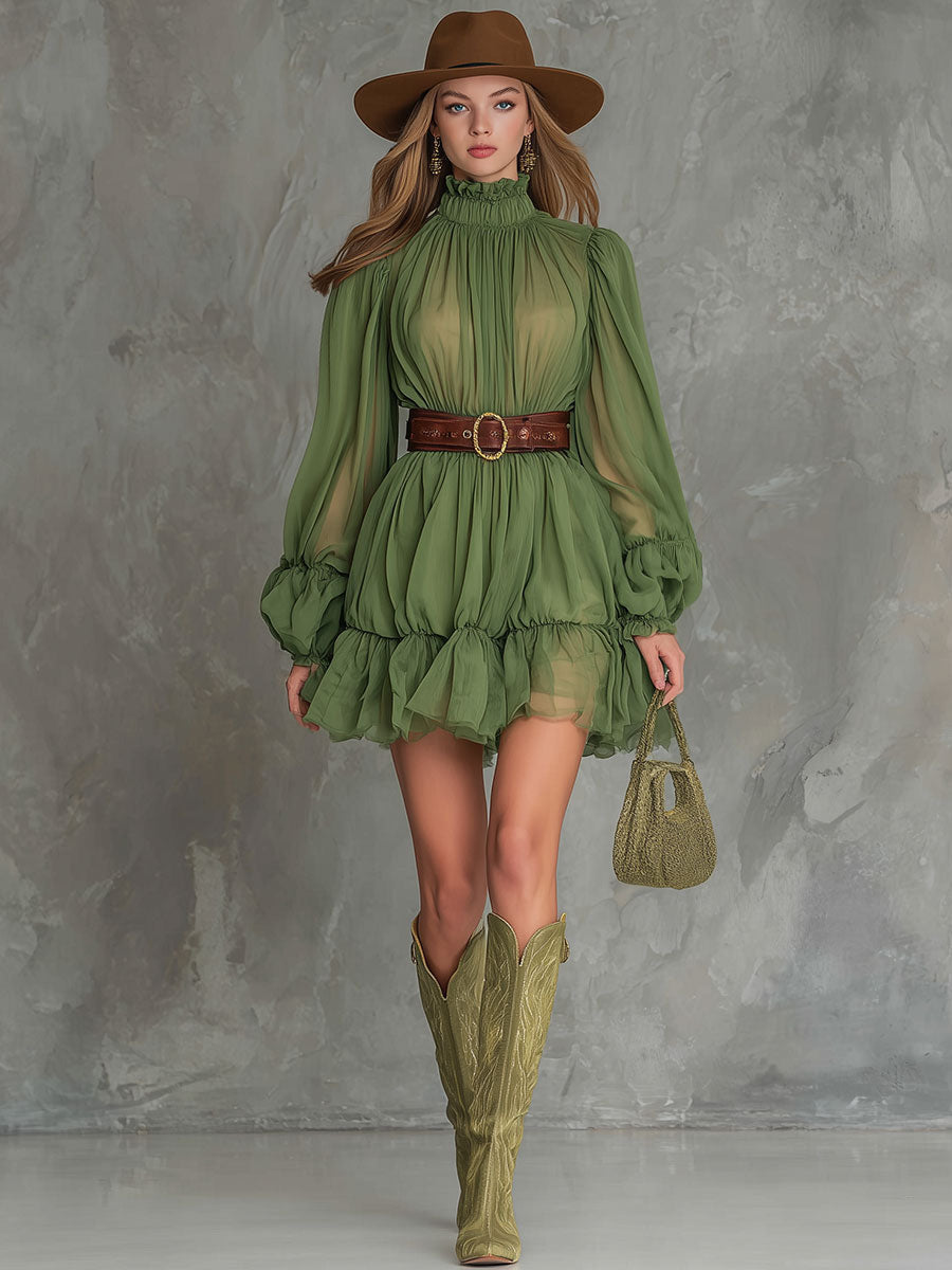 Stylish And Elegant Green Chiffon Puff Sleeve Ruffle Mini Dress