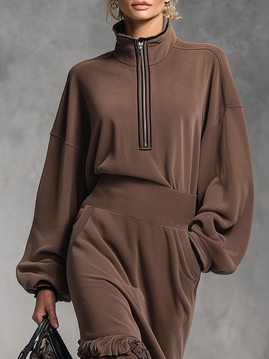 A Loose-fitting Stand-up Collar Zip-up Top And Ruffled Skirt Set.