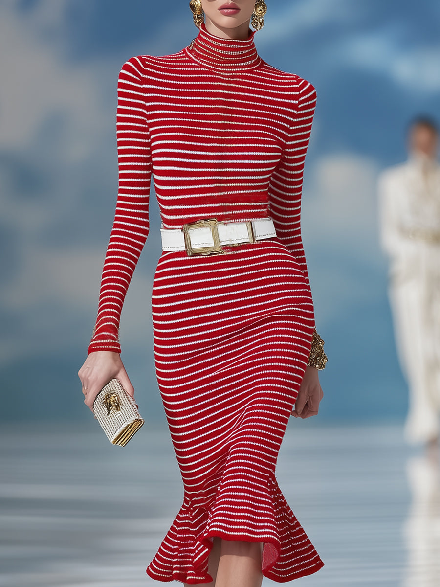Stylish And Elegant Red And White Striped Turtleneck Fishtail Knit Midi Dress