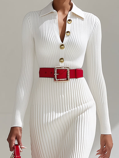 White Wool Lapel Button Design Maxi Dress