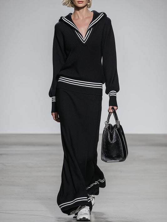 Stylish Black Knit Sweatshirt And Long Skirt  With White Webbing Set
