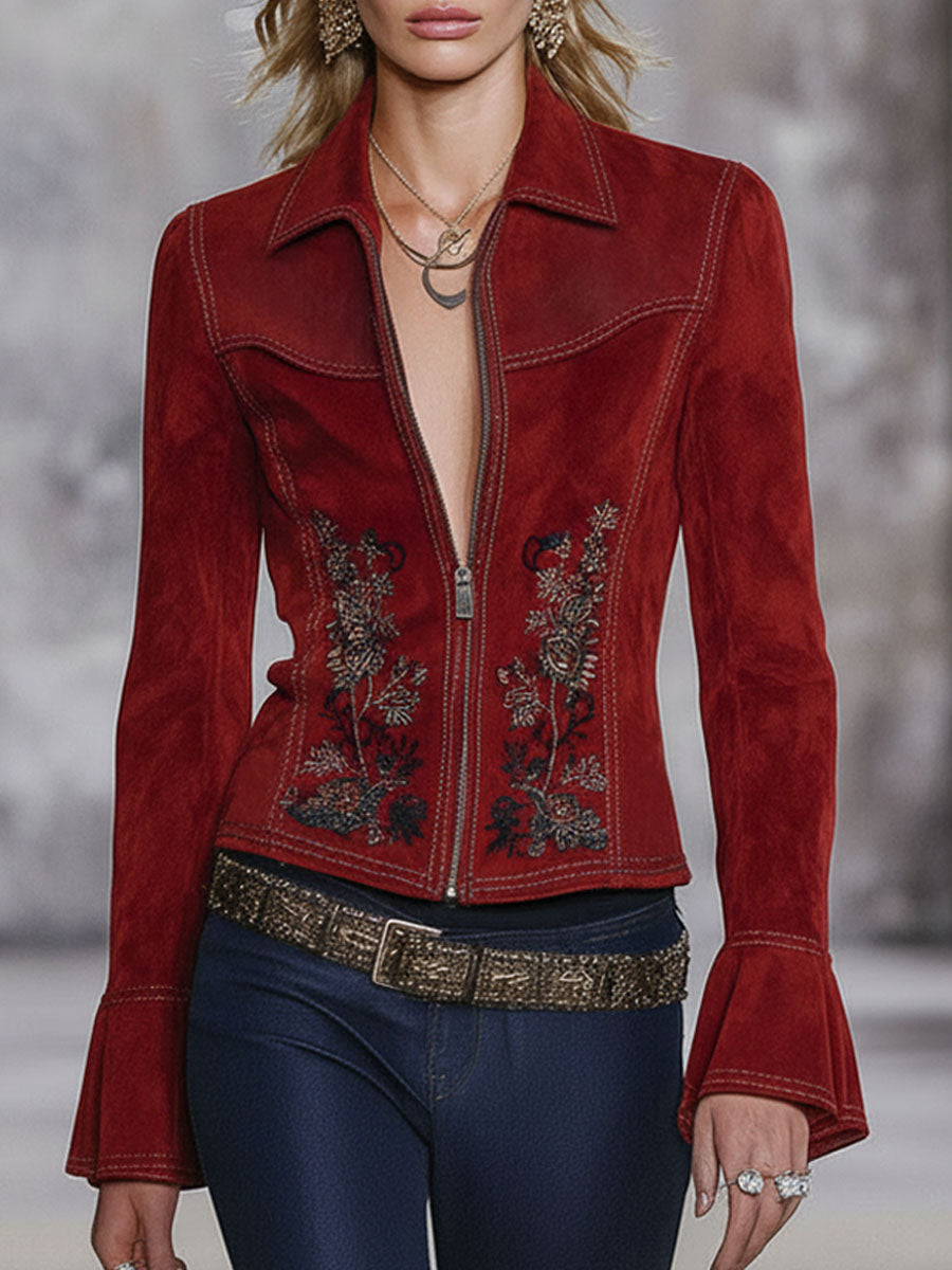 Western-style Lapel Zipper Floral Embroidered Faux Suede Jacket