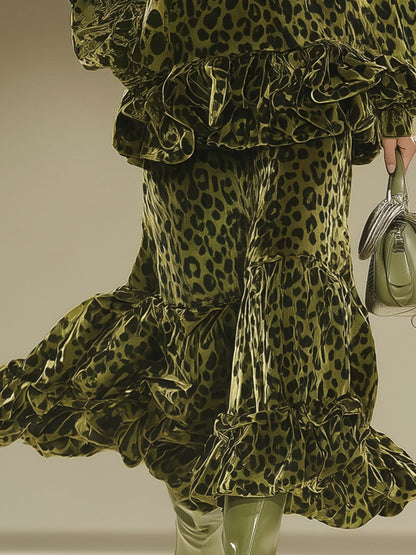 Casual Retro Green Leopard Print Velvet Print Midi Skirt Set