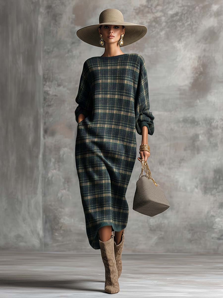 Vintage Fashion Loose-fitting Round Neck Green Plaid Midi Dress