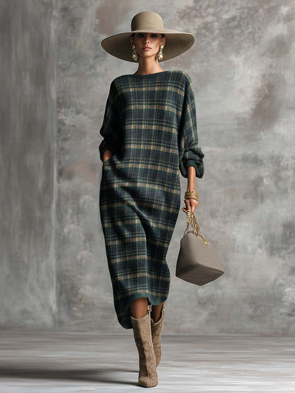 Vintage Fashion Loose-fitting Round Neck Green Plaid Midi Dress