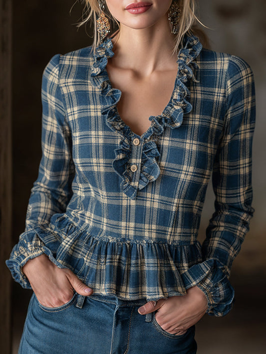 Trendy Retro Blue And Beige Plaid V-neck Ruffled Shirt