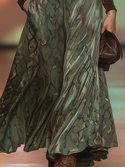 Western Retro Brown Faux Suede Fringed Top And Green Snakeskin Skirt Set