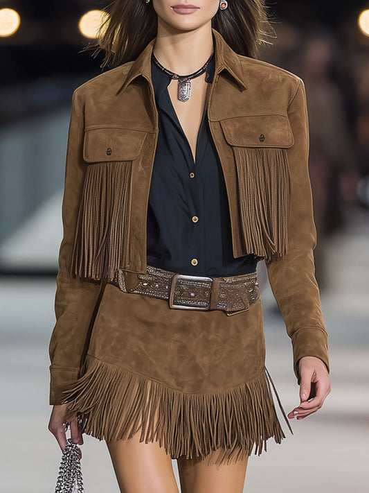 Brown Faux Suede Jacket And Skirt With Fringed Trim Set