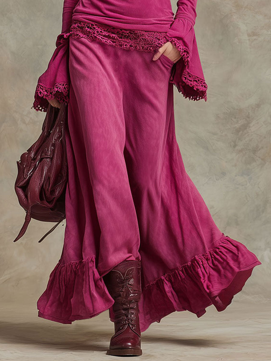 Vintage Lace-trimmed Fuchsia Distressed Cotton Polo Shirt And Ruffled Skirt Set