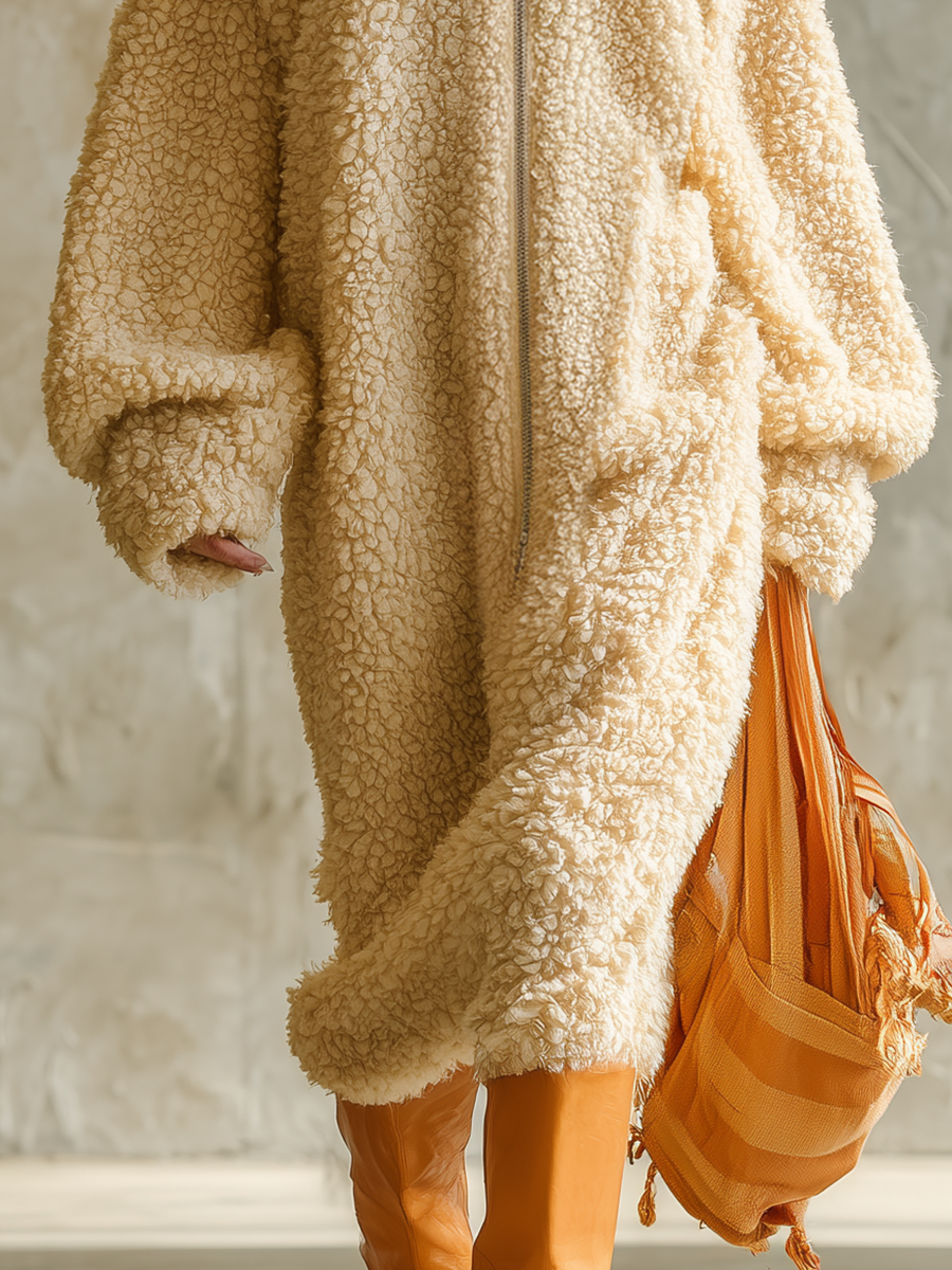 Sporty Casual Zip-up Hooded Sherpa Maxi Dress