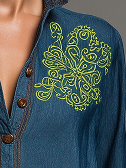 Western Retro Embroidered Blue Denim Shirt