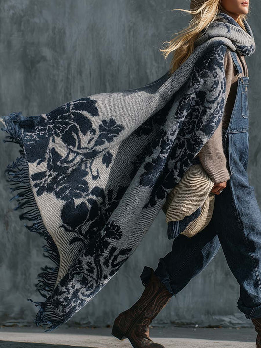 Thick Warm And Comfortable Vinatge Western Floral Pattern Grey Knit Scarf Shawl