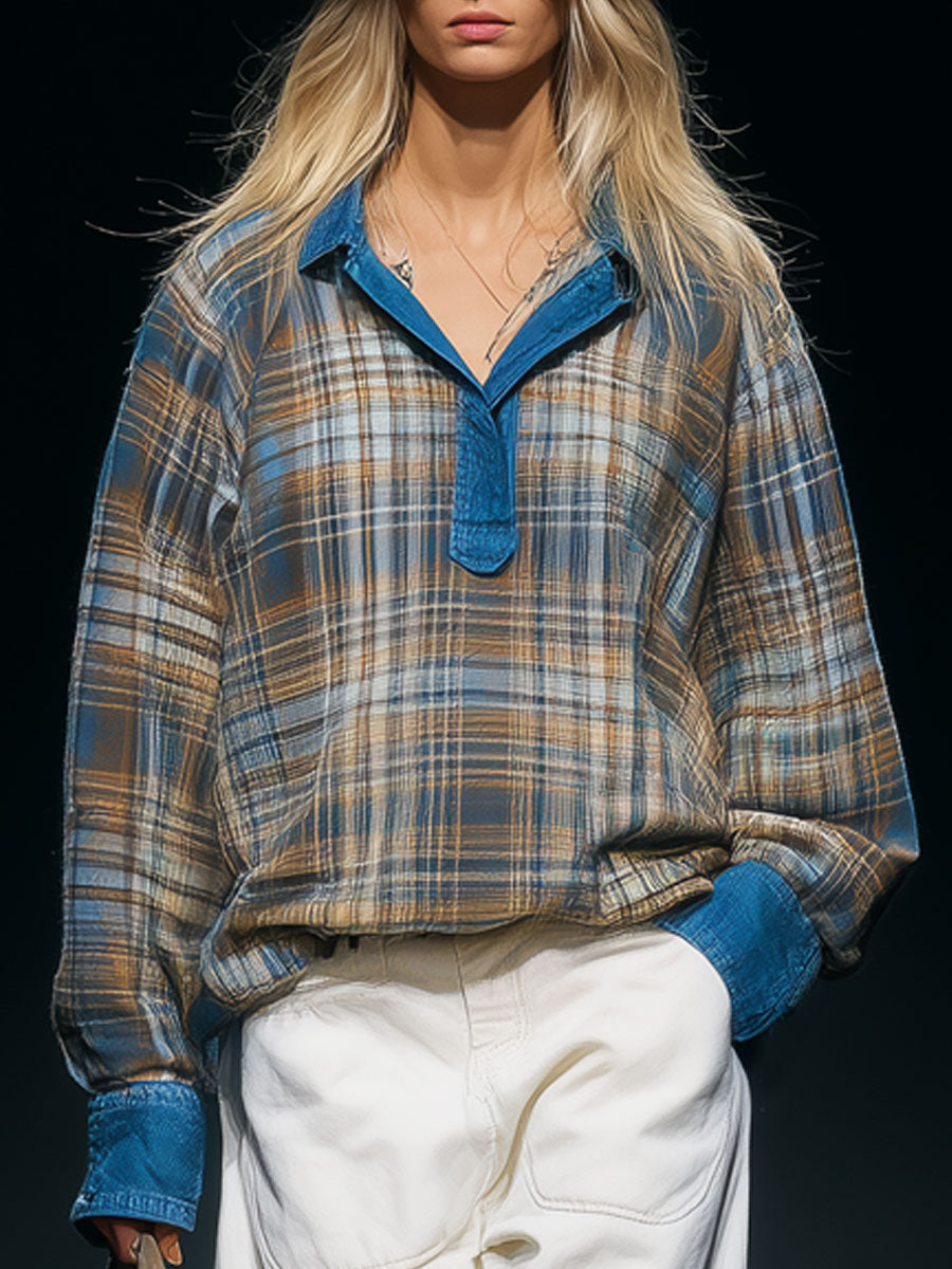 Casual Retro Blue Denim-trimmed Plaid Sweatshirt