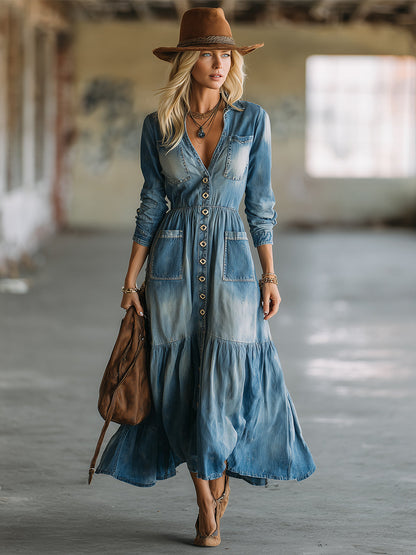 Stylish And Unique Distressed Blue Denim Button-down Maxi Dress