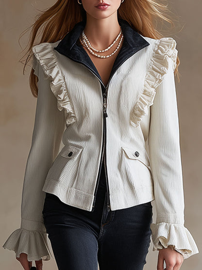 Casual Retro Ruffled White Corduroy And Denim Zip-up Jacket