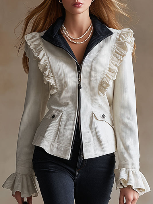 Casual Retro Ruffled White Corduroy And Denim Zip-up Jacket