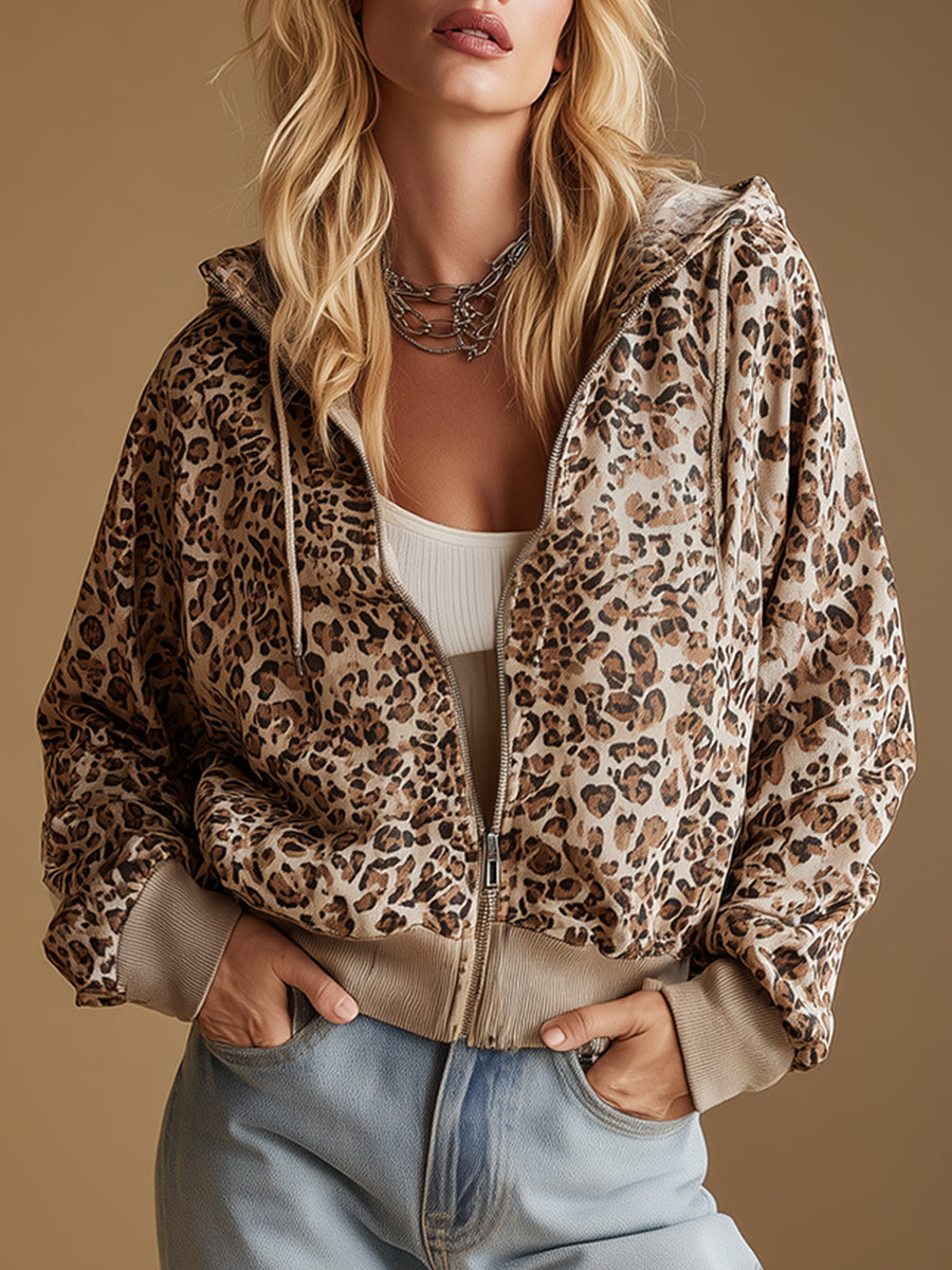 Trendy Urban Sporty Leopard Print Hooded Sweatshirt Jacket