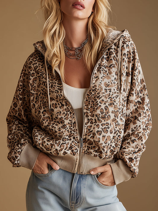 Trendy Urban Sporty Leopard Print Hooded Sweatshirt Jacket