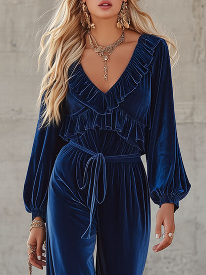 Western-style V-neck Ruffled Floral Embroidered Velvet Jumpsuit
