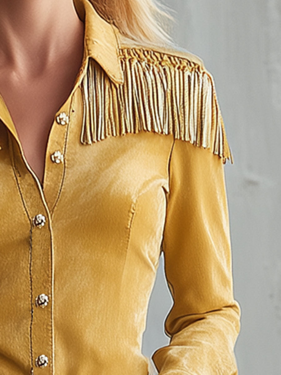 Western-style Yellow Faux Suede Patchwork Tassel Shirt